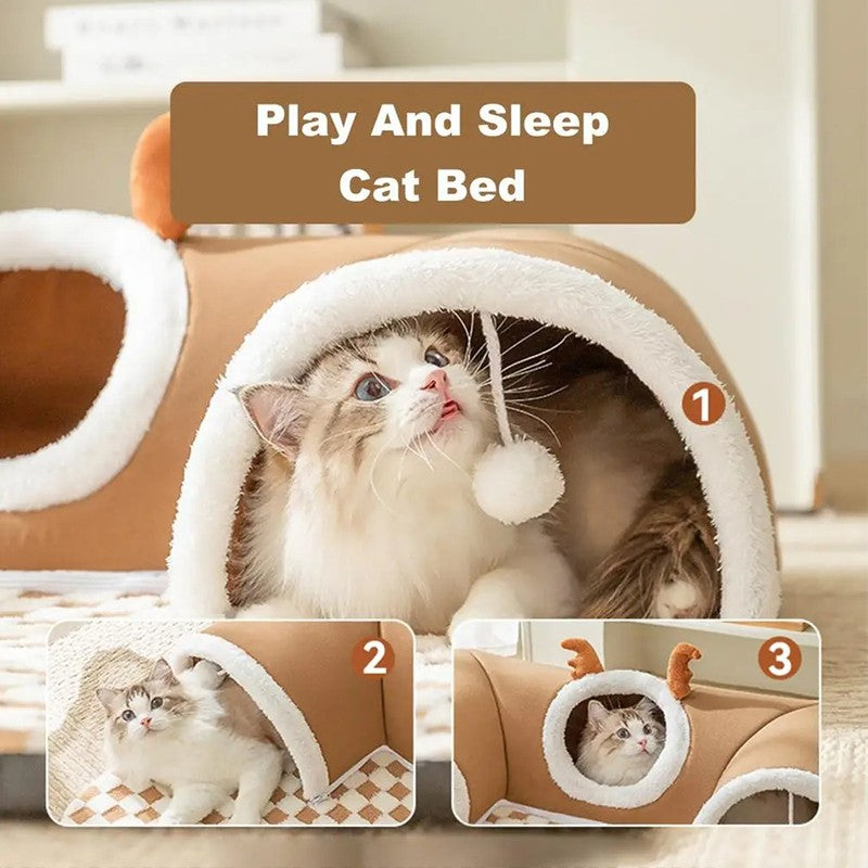 Cama de Gato de Pelúcia Quente de Inverno com Aparência de Rena Esconderijo Túnel para Gatos Brincar e Dormir Casa Integrada para Gatos Ninho para Animais de Estimação