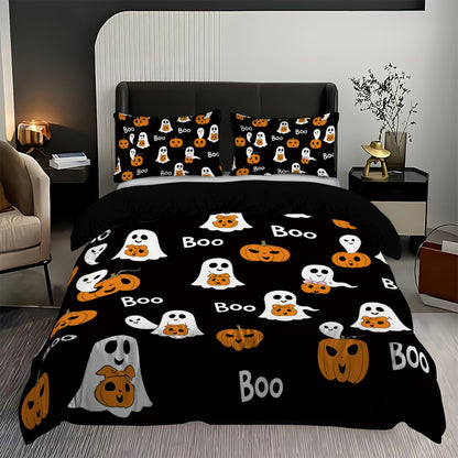 3 capas de edredom fofas de fantasma de Halloween, 1 capa de edredom + 2 fronhas, sem enchimento. Conjunto de cama macio e confortável, lavável à máquina