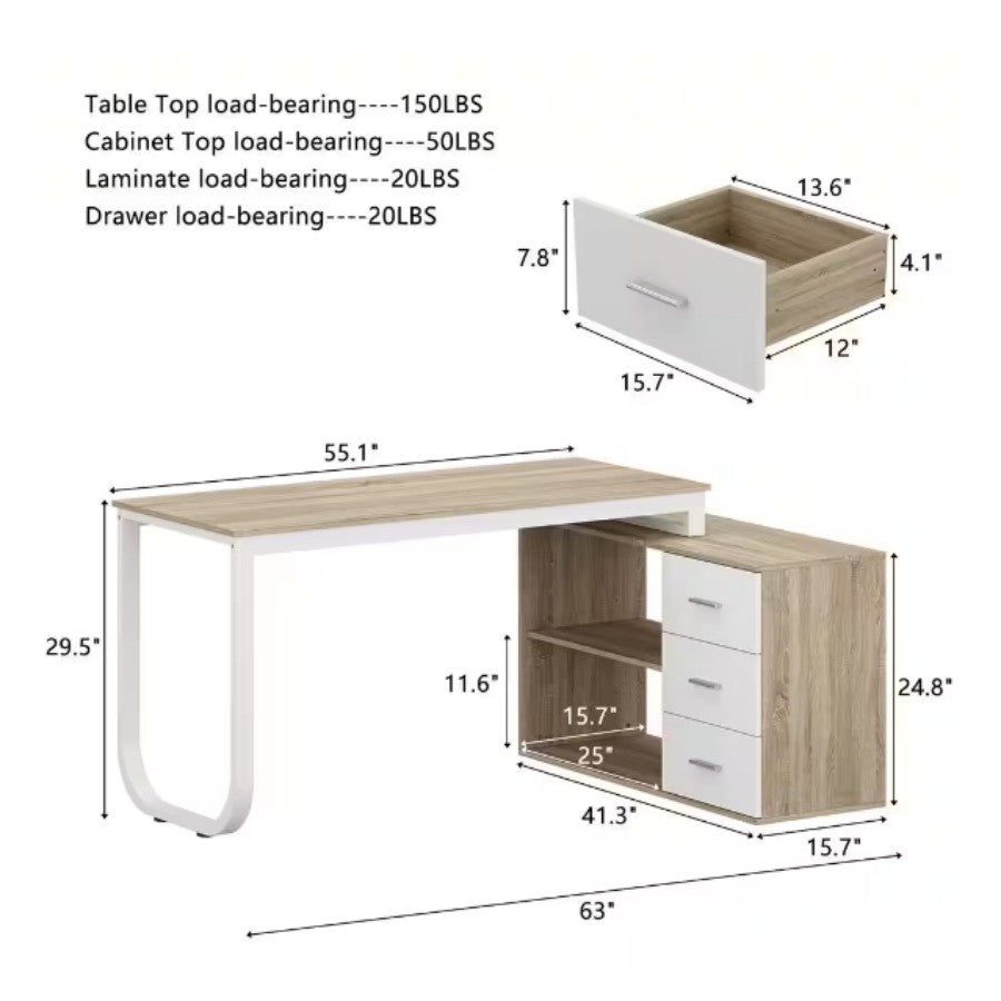 55.1 in. L Shaped Oak and White Wood with 3-Drawer Computer Desk Writing Desk Study Table Home Office,easy to assemble