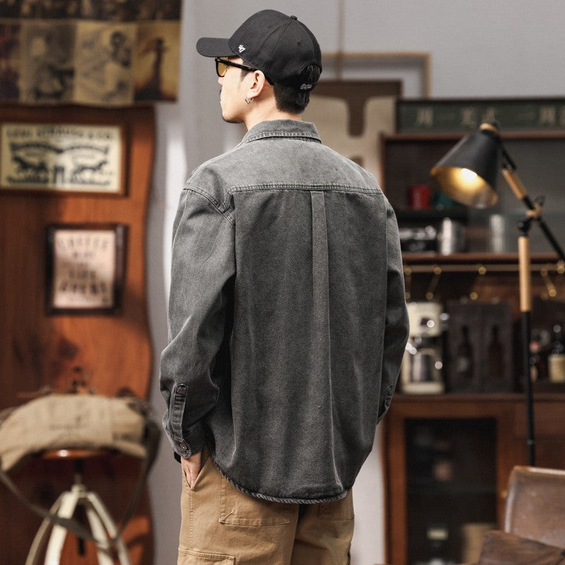 Men's Heavyweight Washed Salt-Faded Long Sleeve Denim Shirt Japanese Retro Loose Cargo Shirt Jackets Chest Pocket Man Outwear