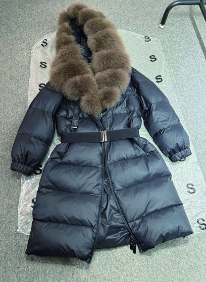 Janveny New Natural Thick Warm 90% White Duck Down Coat Long Winter Jacket Women Real Big Fox Fur Collar Belt Loose Puffer Parka
