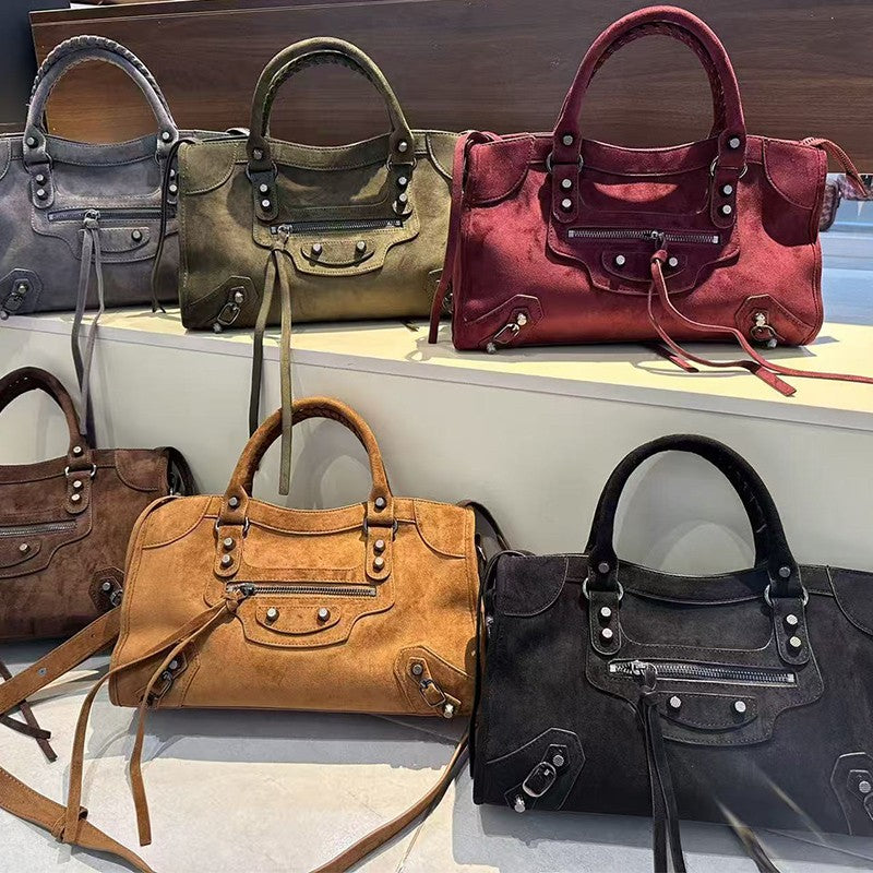 Retro suede motorcycle bag, women's city handbag, leather crossbody bag, single-shoulder armpit bag