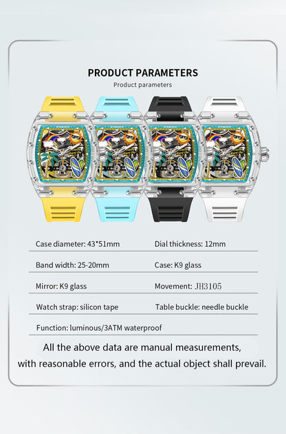 New PINDU Watch Unique Dial Design Style Men Mechanical Watch Summer Beach Fashion Watch Glowing Waterproof Resin silicone strap