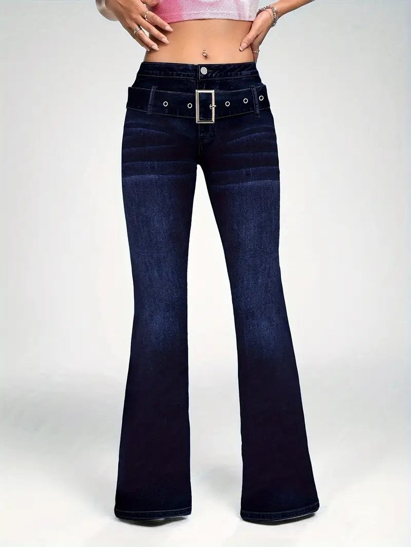 Women's fashionable casual wash dark blue decorative strap buckle stretch slim fit slim flared jeans