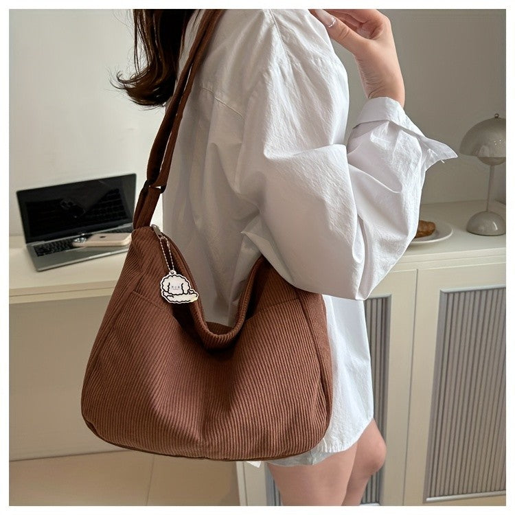 Women’s Corduroy Shoulder Bag Casual Striped Large Capacity Tote with Zipper Closure, Cute Hat Patch, Perfect for Everyday Use