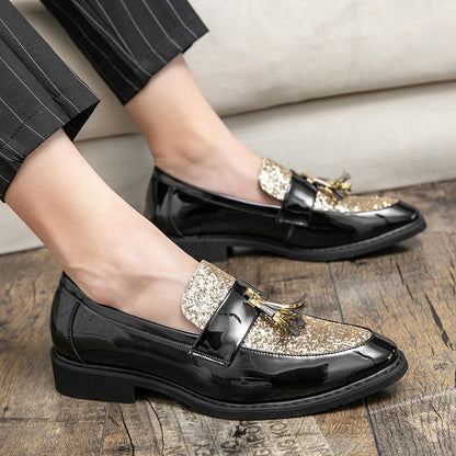British Style Sequined Leather Shoes Men Golden Men's Loafers Big Size 38-47 Luxury Comfortable Business Shoes Men Formal Shoes