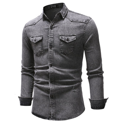 2024 Men's Spring Autumn Casual Shirts Solid Color Long Sleeve Lapel Denim Tops Button Shirts for Party