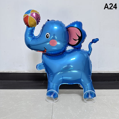 1PC 3D Cartoon Foil Balloons Elephant Stand Walking Balloon With Wheel For Kids Birthday Party Decoration Baby Shower