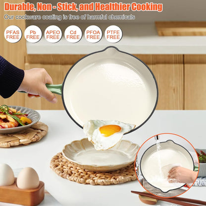 Nonstick Enameled Cast Iron Cookware Set,7 Pcs Pots and Pans with Lid, Frying Pan Skillet, Sauce Pan, Healthy Round Dutch Oven P