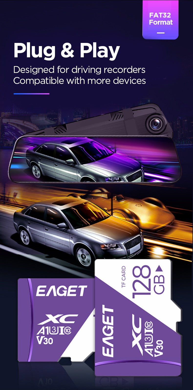 Cartão de Memória Eaget 256GB 128GB 32GB Cartão TF SD A1 V30 Classe10 UHS-1 64GB Alta Velocidade Compatível com Câmera Veicular Câmera de Vigilância