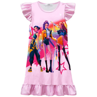 K-POP Demo Hunte Printed Sleeping Skirt Big Butterfly Sleeve Loose Pajamas Children Girls Sleeping Clothing Casual Home Wear