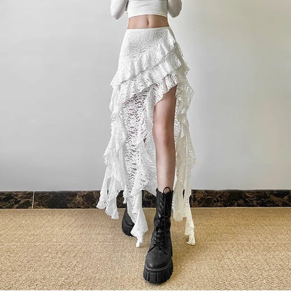 Gothic Skirt 2000s Summer Women's Clothes Gyaru Kpop Streetwear Lace High Waist Casual Aesthetic Long Skrit Femme Hip Hop Skirts