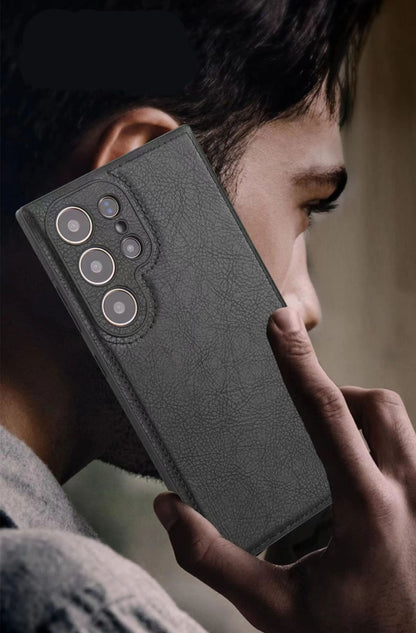 Capa de couro PU vintage de luxo para Samsung S25 Ultra S24 Plus S23 S22 S24Ultra, fina, à prova de choque, com para-choque macio