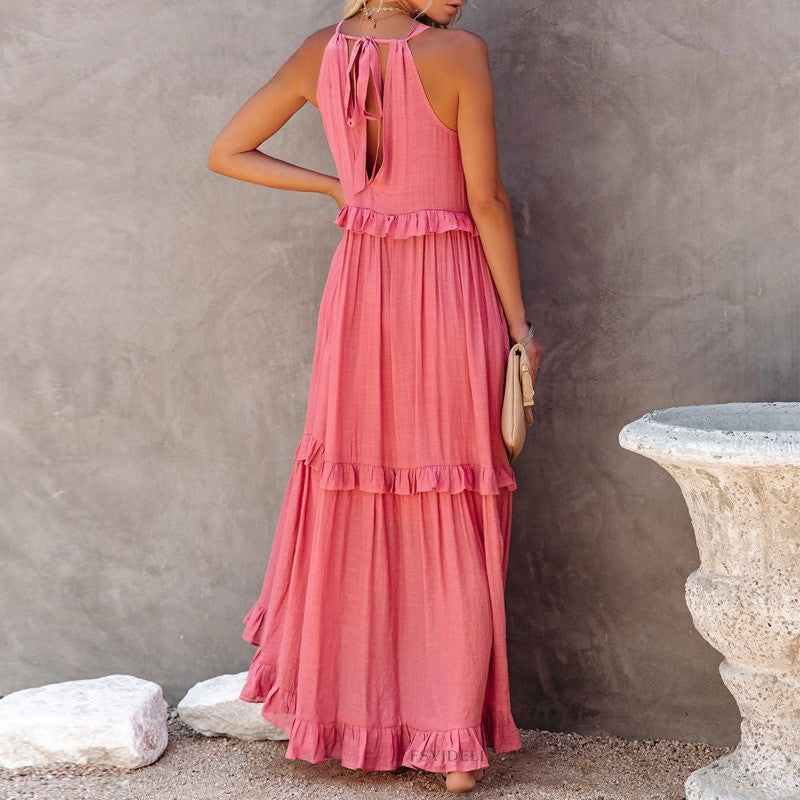Elegant Women's Apricot Ruffle Edge Long Mop Floor Dresses Summer Fashion Hangin