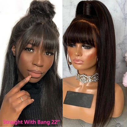 Peruca Full Lace Frontal 360 com Franja Lisa, Peruca Frontal de Renda Cabelo Humano Cru Com Franja, Perucas Brasileiras Sem Cola em Promoção/Liquidação