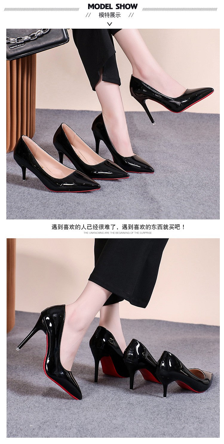 Sapatos de Salto Agulha Bico Fino de Couro Sintético Envernizado Sensuais, Sola Vermelha para Festa, Sapatos de Trabalho Pretos Clássicos para Meninas com Temperamento