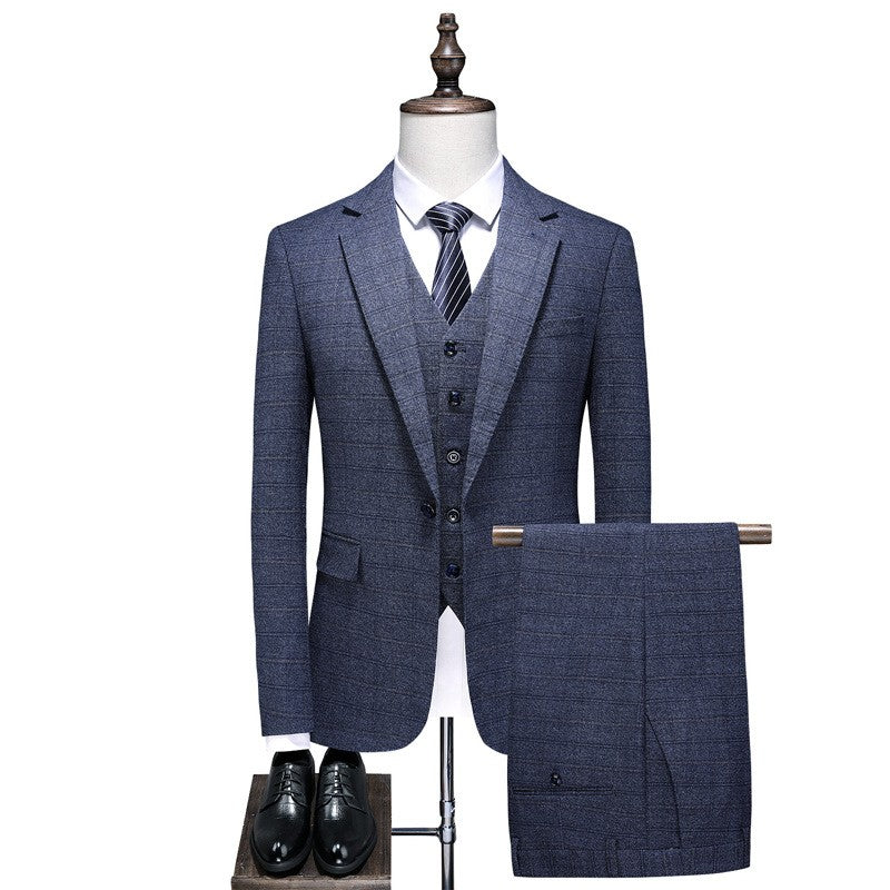 Mens Suits 3 Piece Business Office Formal Set Checkered Pattern Slim Fit Blazer Vest Pants High Quality Luxury Work Wedding
