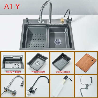 Multifunctional Kitchen Waterfall Sink Digital Display Large Single Gray Sink Dish Basin Sink 304 Stainless Steel