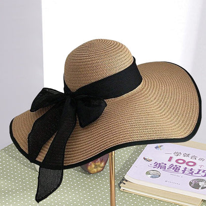 Beach Straw Hat For Women Summer Seaside Vacation Oversized Brim Wweet Bow Lace Edge Sun Protection Hat Foldable