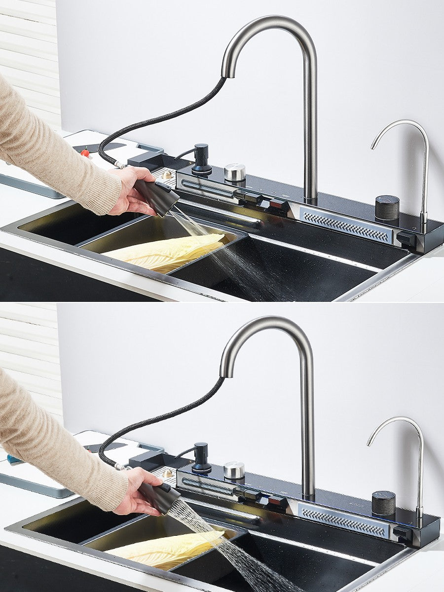 Large 304 Kitchen Sinks 75x45cm Stainless Steel Kitchen Waterfall Sink Digital Display Large Single Sink Dish Washer Faucet