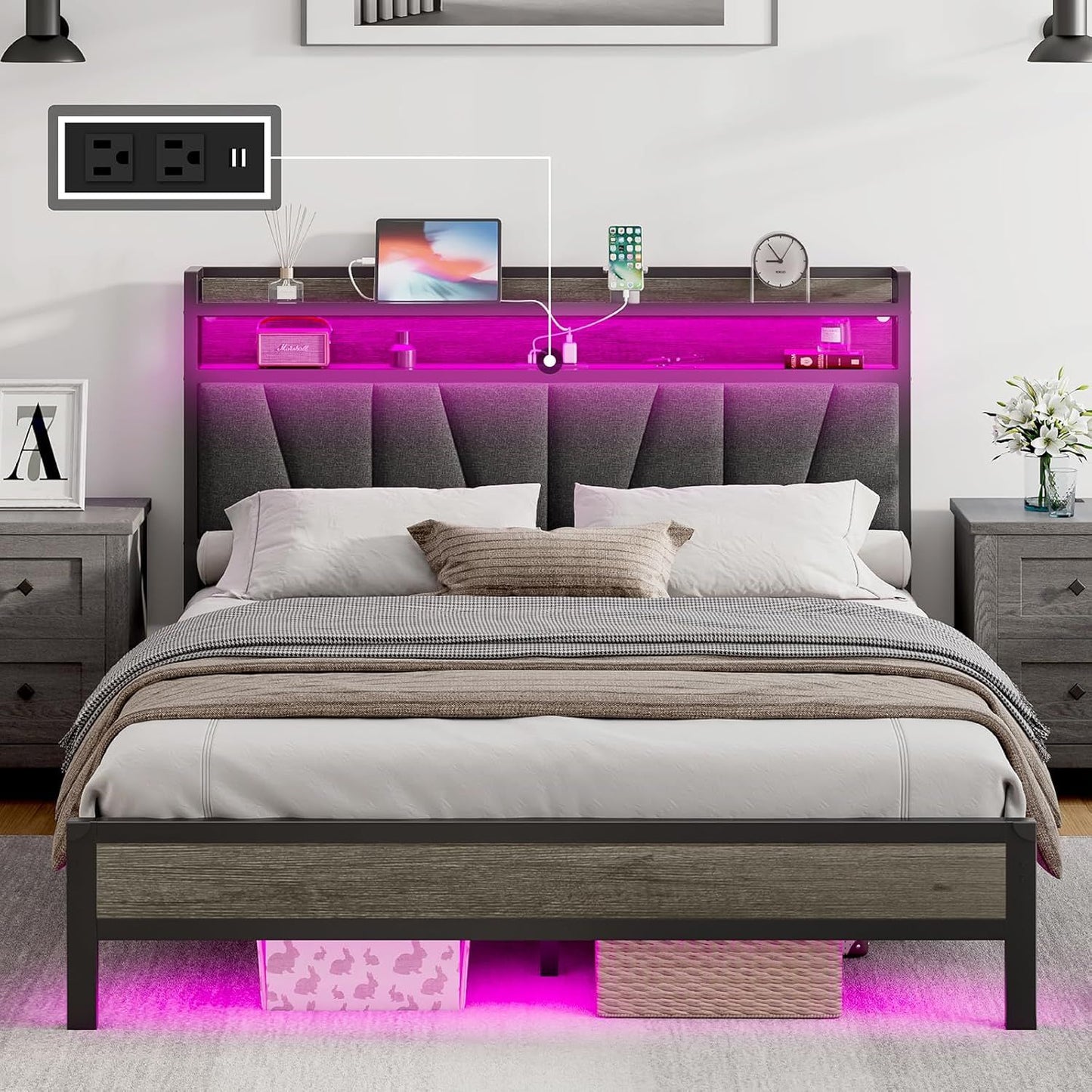 Estrutura de Cama Queen Size com Luzes RGB e Estação de Carregamento, Estrutura de Cama de LED com Cabeceira de Armazenamento Estofada em Linho, Serviço Pesado D