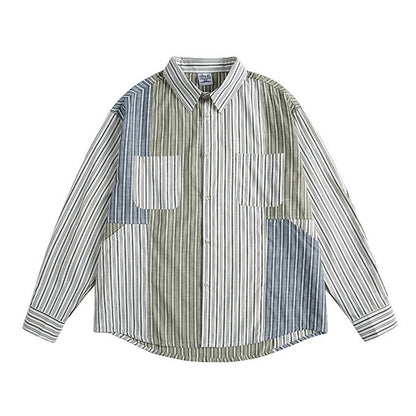 Stripe Splice Shirt Men Japnese Streetwear Fashion Loose Casual Long Sleeve Shirts Cityboy Oversize Cargo Shirts Blouses