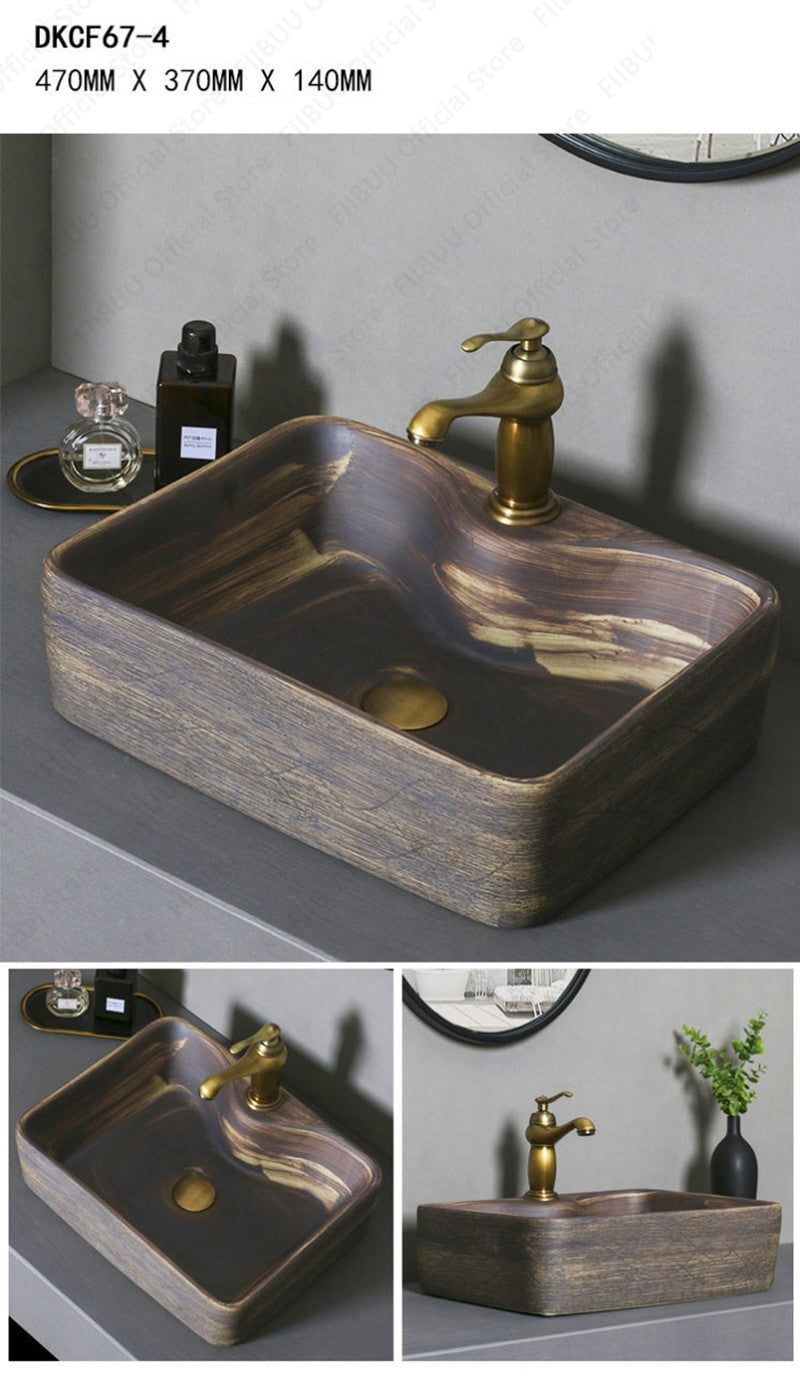 Cuba de Cerâmica Marrom para Lavatório de Banheiro Oval Artística para Mesa de Banheiro, Bacia de Lavar Roupa para Varanda, Bacia de Pedestal Acima do Balcão