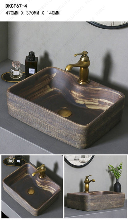Cuba de Cerâmica Marrom para Lavatório de Banheiro Oval Artística para Mesa de Banheiro, Bacia de Lavar Roupa para Varanda, Bacia de Pedestal Acima do Balcão