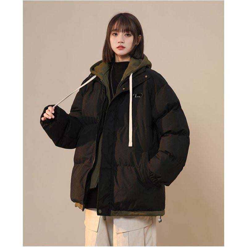 Korean Version New Fashion Letter Patch Fake Two Piece Cotton-padded Jacket Y2K Harajuku Vintage Thick Bread Loose Student Coats