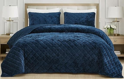 Edredom King Aveludado Azul Marinho de Luxo, Conjunto de Cama de Veludo Macio Desbotado de 3 Peças para Todas as Estações, Leve