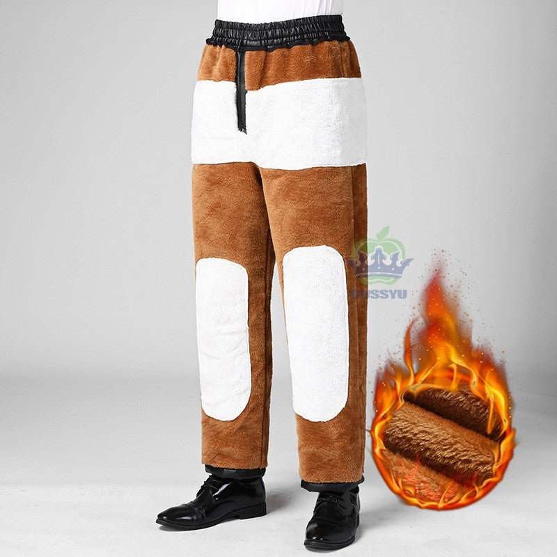 OUSSYU Brand High Quality Winter Outdoors Fleece Warm Pants Men Zippered Pocket Business Straight Flocking PU Trousers Plus Size