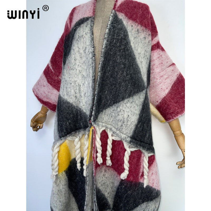 2022 WINYI Winter Women tassel Cardigan coat Loose Christmas dress robe longue Thick Warm free size Middle East Female Kaftan