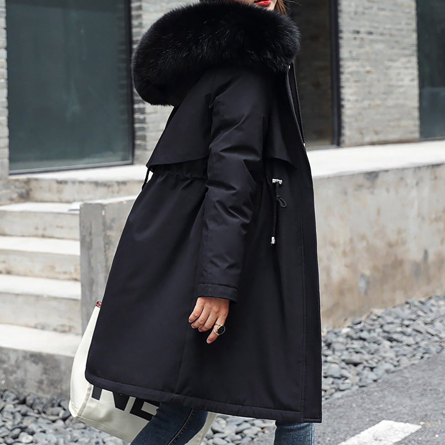 Ladies' Casual Warm And Versatile Large Fur Collar Solid Color Thick Cotton Coat Jacket For Outdoor Daily Wear