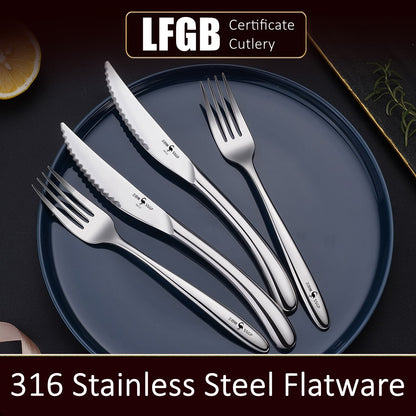 Talheres de luxo em aço inoxidável 316 com certificado LFGB: Garfo, Faca, Colher, Acessórios para Bife, para Banquete e Jantar em Casa