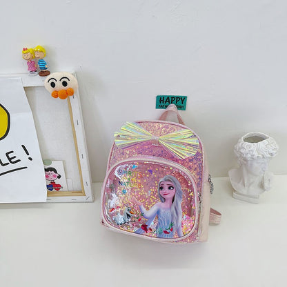 Mochila Mini de Glitter Princesa Elsa de Frozen da Disney, Linda com Laço de Lantejoulas, Bolsa Escolar de Jardim de Infância para Meninas, Desenho Animado Infantil, Mochila de Ombro Duplo