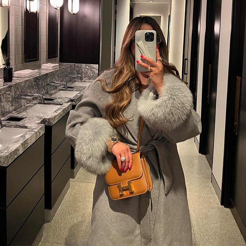 Elegant Faux Fur Cuffs Woolen Coat With Belt For Women Fashion Lapel Long Sleeve Lace Up Maxi Jacket Lady 2025 Autumn Outerwear