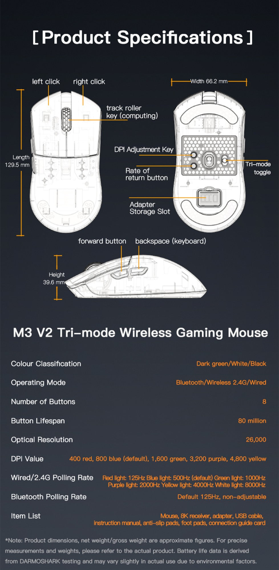 Darmoshark M3 V2 Gaming Mouse Double 8K Wireless Tri Mode 26KDPI PAW3395 Sensor Big Hand Game Macro Mouse For Computer Laptop PC