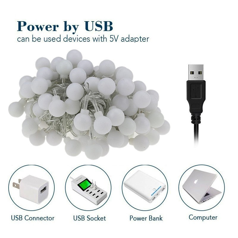 10M 80LED USB Ball String Lights Globe Fairy Lights Waterproof Garland Lights Warm White for Outdoor Wedding Party Garden Home