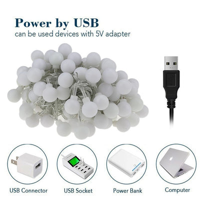 10M 80LED USB Ball String Lights Globe Fairy Lights Waterproof Garland Lights Warm White for Outdoor Wedding Party Garden Home