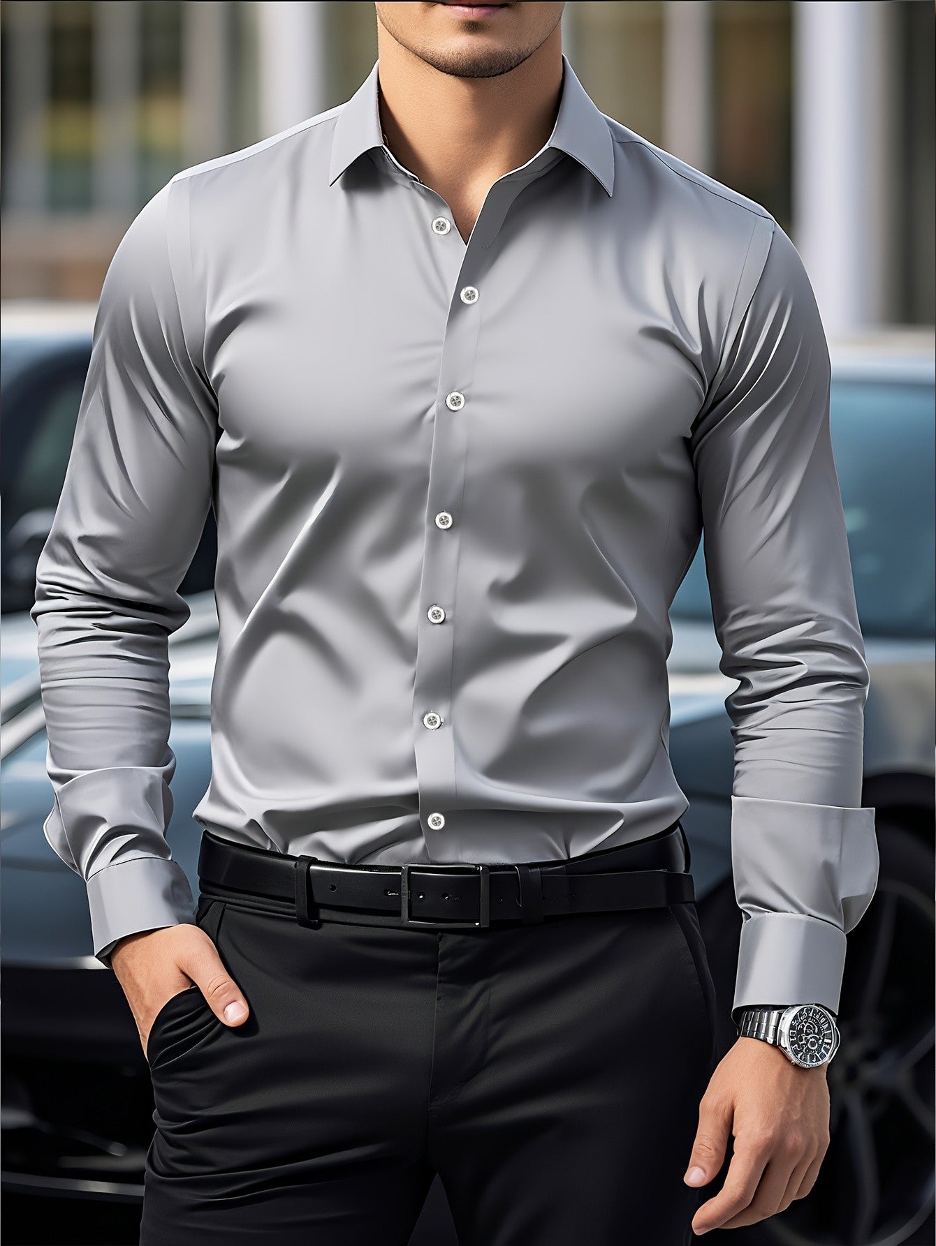 FGKKS New Men Casual Shirt Brand Fashion Solid Color Long Sleeve Elastic Fabric Male Business Dress Shirt