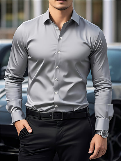 FGKKS New Men Casual Shirt Brand Fashion Solid Color Long Sleeve Elastic Fabric Male Business Dress Shirt