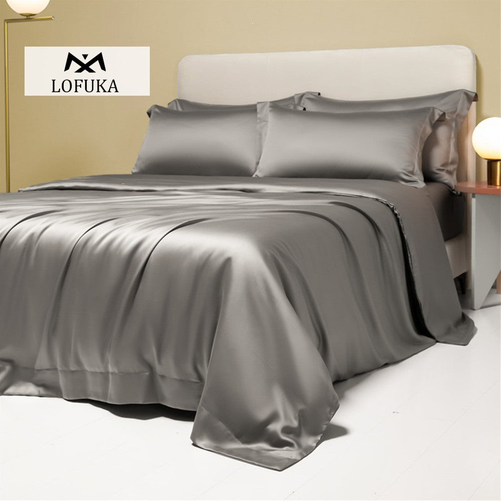 Lofuka Luxuoso Conjunto de Cama Cinza Escuro 100% Seda Pura Capa de Edredom Lençol Fronha para Sono Saudável Casal Queen King