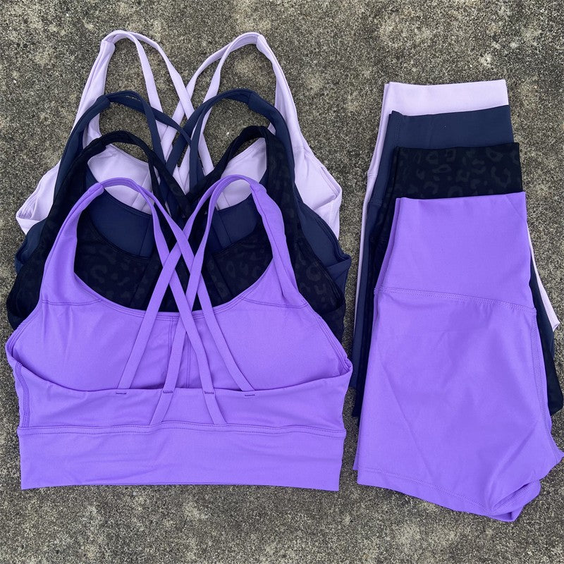 Yoga Shorts Set Gym Sports Set Women Workout Clothes 2 Piece Fitness Suit Cross Straps Bra High Waist Shorts Running Tracksuit