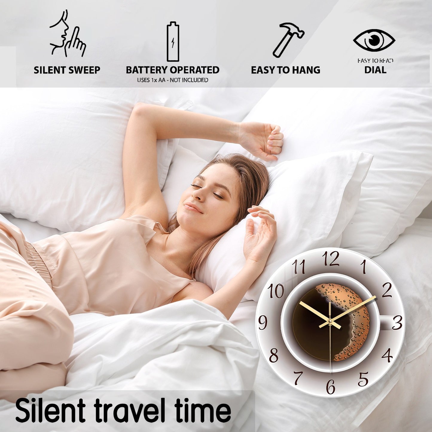 A Modern American Coffee Cup Pattern 4mm Thickeneded Tempered Glass Wall Clock Living Room Bedroom Kitchen Home Decoration Wall Clock Silent Quartz Clock Holiday Gift 12 Inches 14 Inches 16inch (Without Battery)