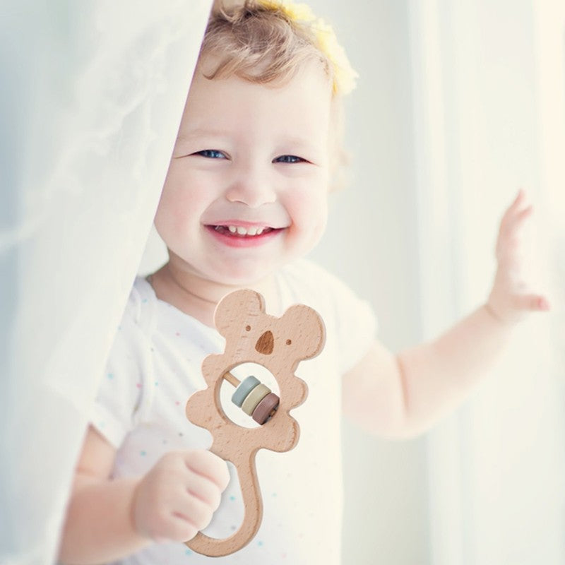 Baby Wooden Koala Hand Rattles Teether Toys Wooden Ring Montessori Toys Owl Shape Musical Rattle  for Baby Gifts Teething Toys