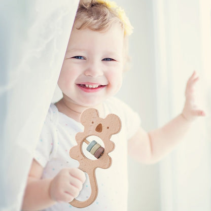 Baby Wooden Koala Hand Rattles Teether Toys Wooden Ring Montessori Toys Owl Shape Musical Rattle  for Baby Gifts Teething Toys
