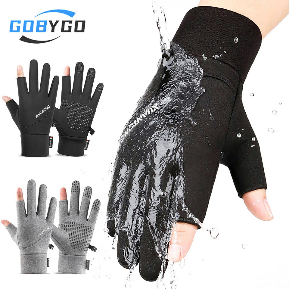 GOBYGO 1Par Luvas de Inverno com Forro de Lã para Aquecer, Luvas de Ciclismo Antiderrapantes de Silicone, Luvas de Pesca Touchscreen com Dois Dedos Expostos