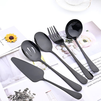 Drmfiy Conjunto de Talheres Pretos de 5/7 Peças para Servir, Utensílios de Jantar, Buffet, Talheres para Catering, Conjunto de Escumadeiras, Colheres, Garfos, Talheres de Prata