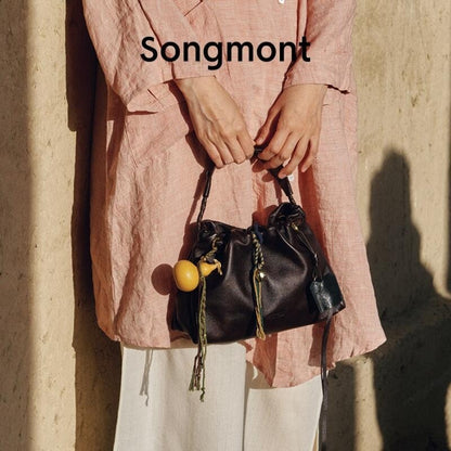 Songmont Genuine Leather Mini Bucket Bag Adjustable Drawstring Multi Straps White Black Blue Casual Chic Crossbody Bag Oversized