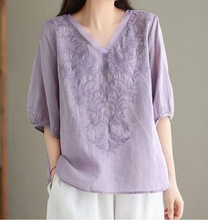 Summer New Literary Vintage Embroidery Cotton Linen Shirt Ladies Half Sleeve Loose Casual Fashion Blouse Women's Clothing Tops